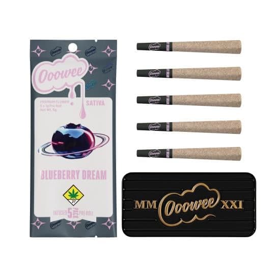 5pk - 1g - Blueberry Dream *Double Infused* - Ooowee - DOH Infused Preroll - Outside - Kief + Oil - S