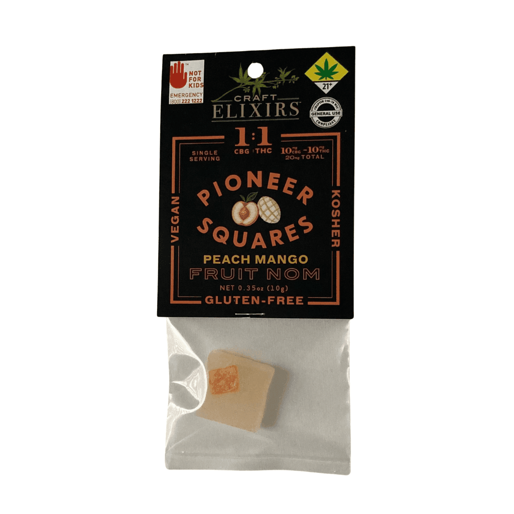 20mg - 1:1 CBG Peach Mango - Pioneer Squares - DOH Edible - Fruit Nom - Vegan - Kosher - Gluten Free - H