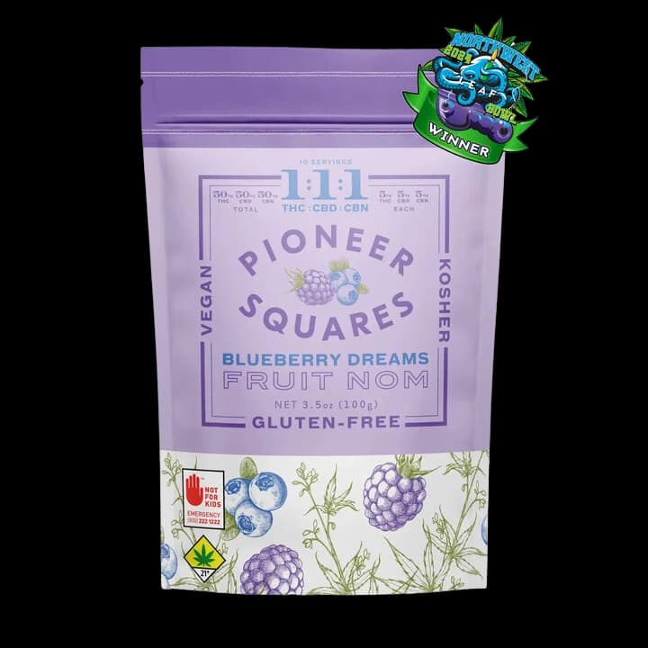 150mg - 1:1:1 - 10pk - Blueberry Dreams - Pioneer Squares - Edible - Fruit Nom - Gummy - Vegan - Kosher - Gluten Free - H - DOH Compliant - THC:CBD:CBN