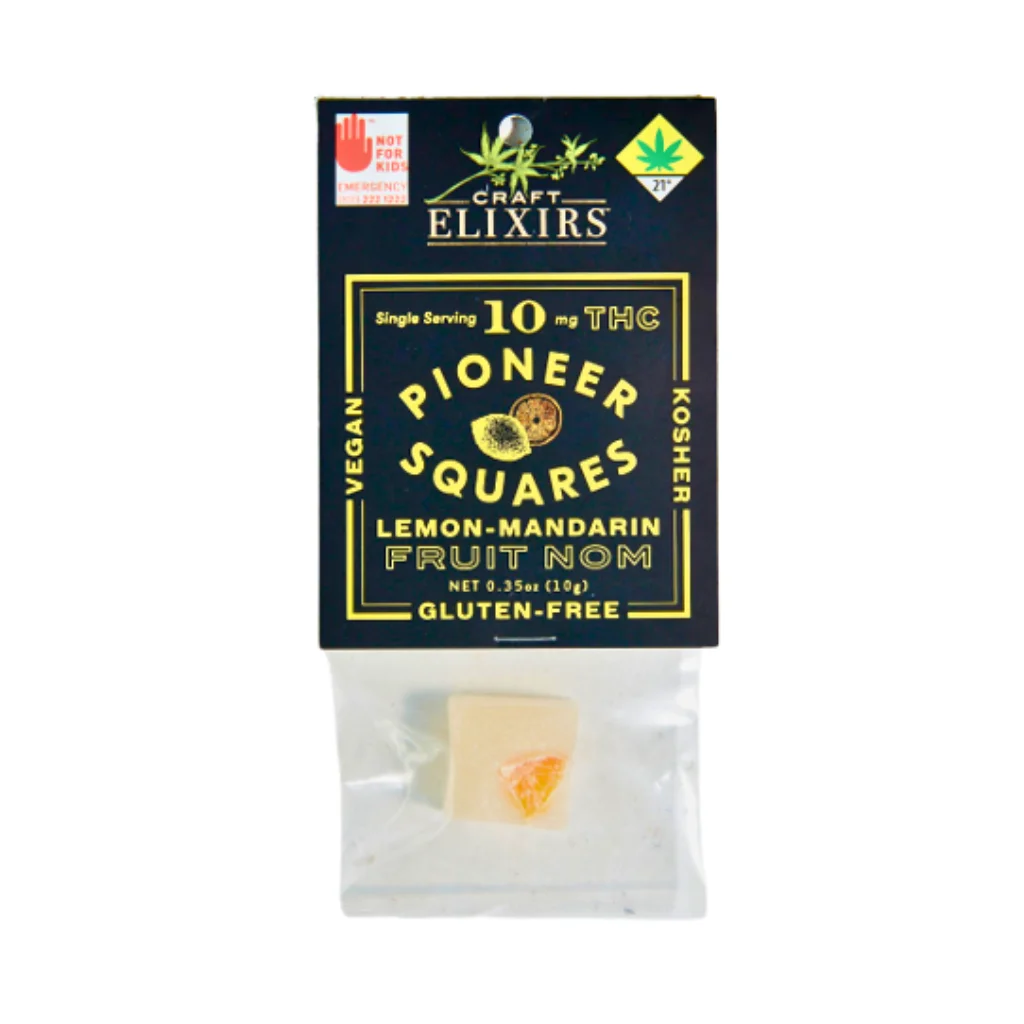 10mg - Single - Lemon Mandarin - Pioneer Squares - Edible - Fruit Nom - Gummy - Vegan - Kosher - Gluten Free - H - DOH Compliant