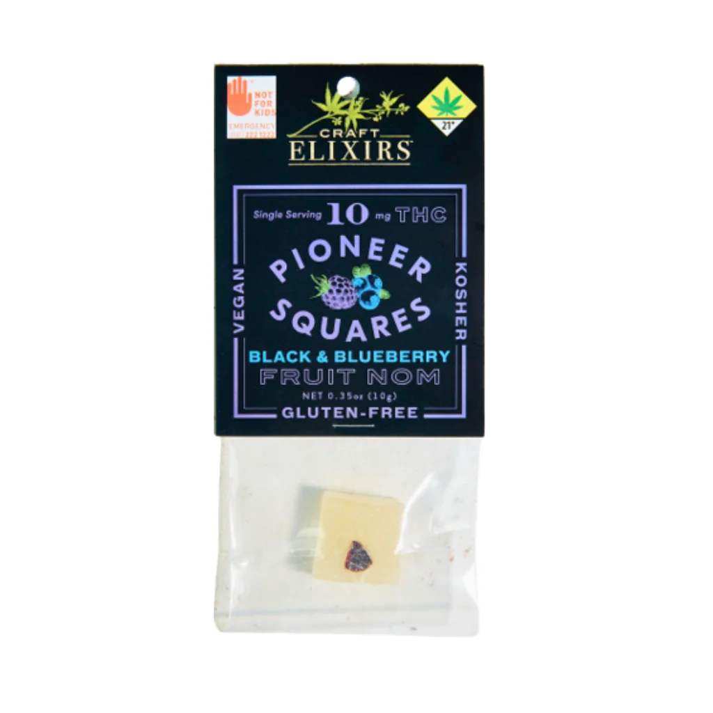 10mg - Single - Black & Blueberry - Pioneer Squares - Edible - Fruit Nom - Gummy - Vegan - Kosher - Gluten Free - H - DOH Compliant