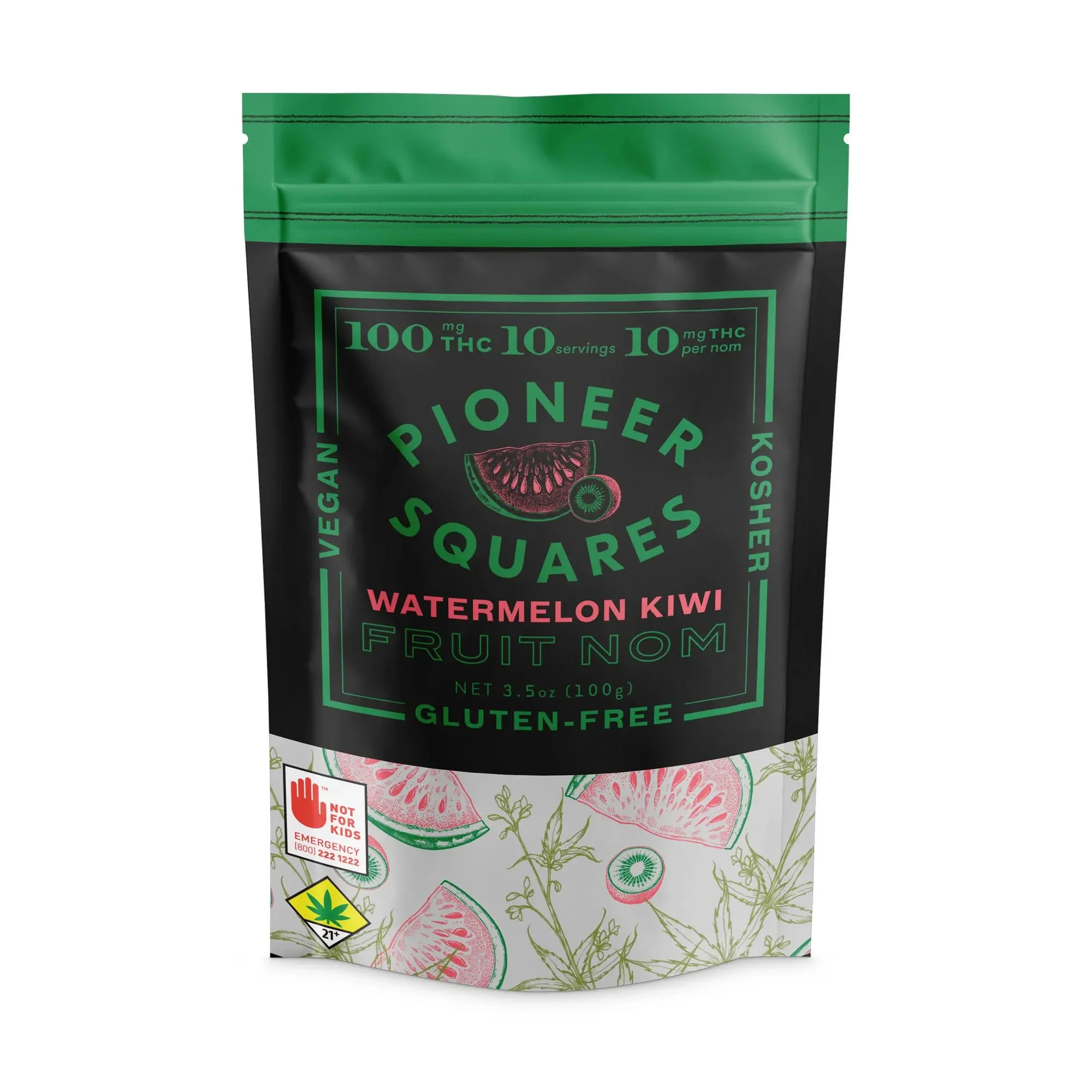 100mg - 10pk - Watermelon Kiwi - Pioneer Squares - Edible - Fruit Nom - Gummy - Vegan - Kosher - Gluten Free - H - DOH Compliant