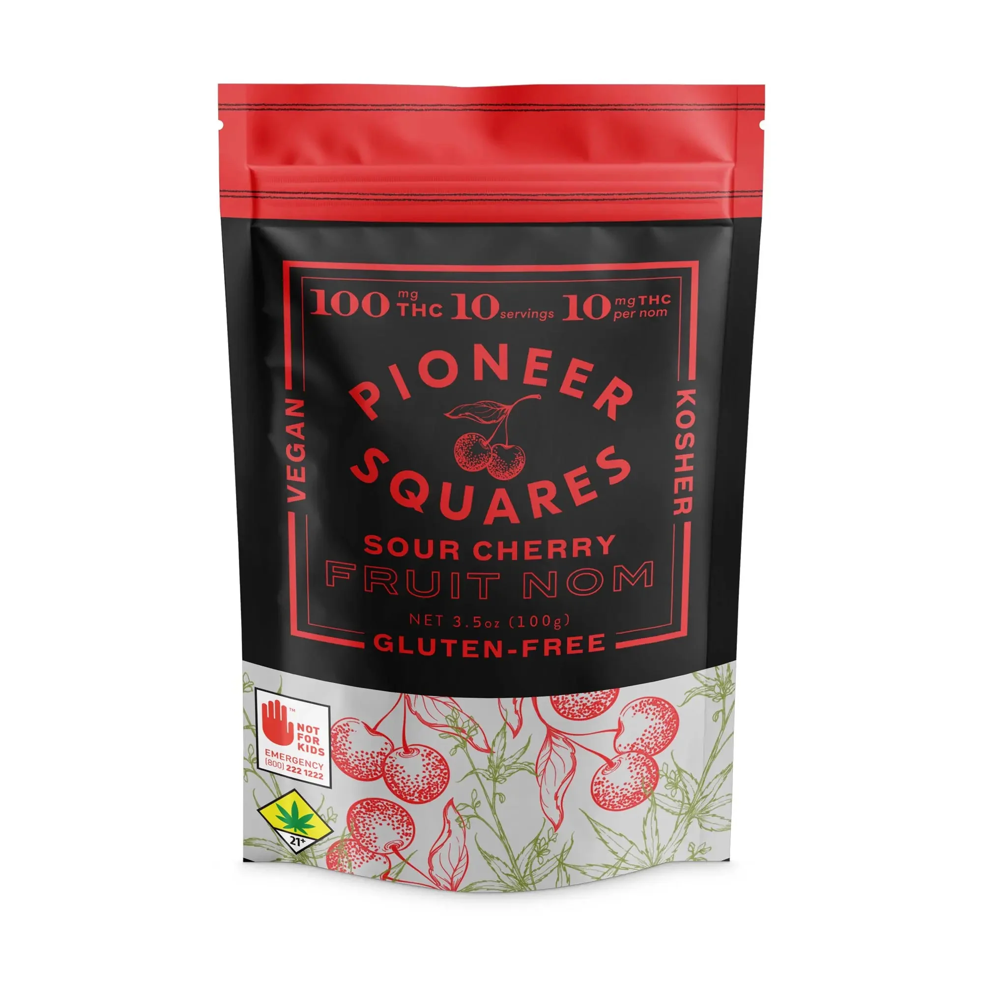 100mg - 10pk - Sour Cherry - Pioneer Squares - Edible - Fruit Nom - Gummy - Vegan - Kosher - Gluten Free - H - DOH Compliant