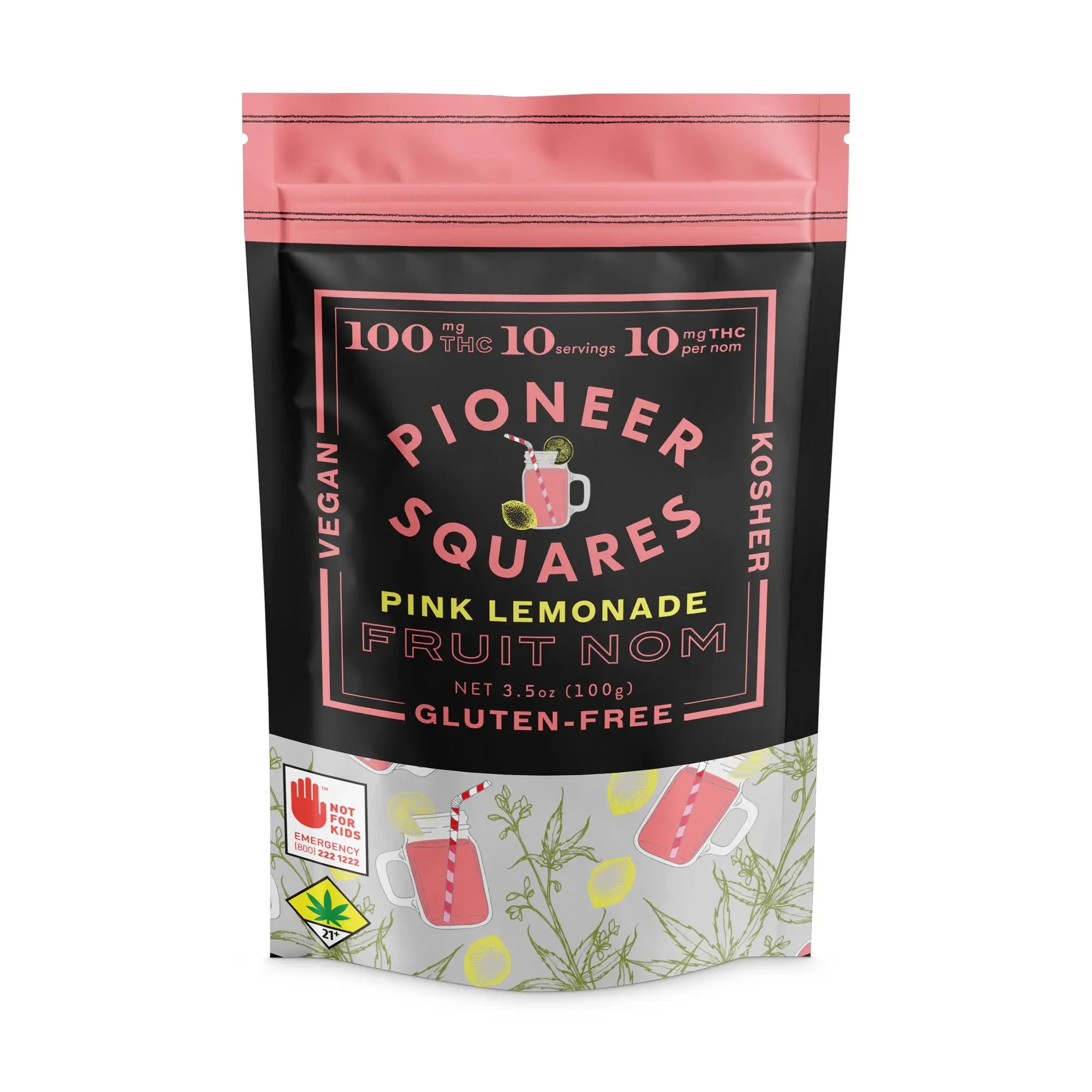 100mg - 10pk - Pink Lemonade - Pioneer Squares - Edible - Fruit Nom - Gummy - Vegan - Kosher - Gluten Free - H - DOH Compliant
