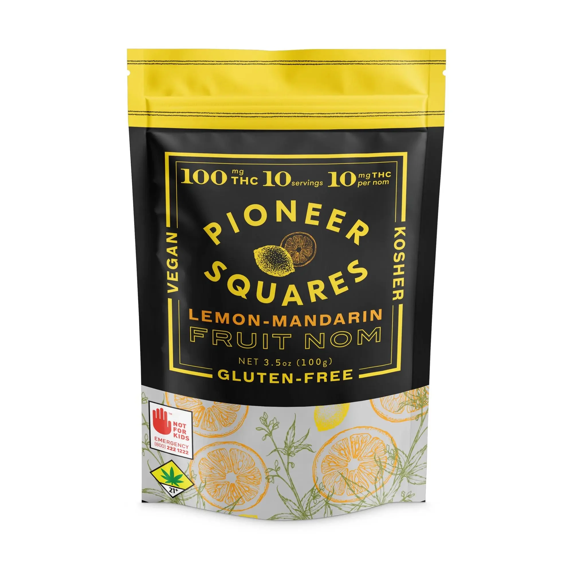 100mg - 10pk - Lemon Mandarin - Pioneer Squares - Edible - Fruit Nom - Gummy - Vegan - Kosher - Gluten Free - H - DOH Compliant