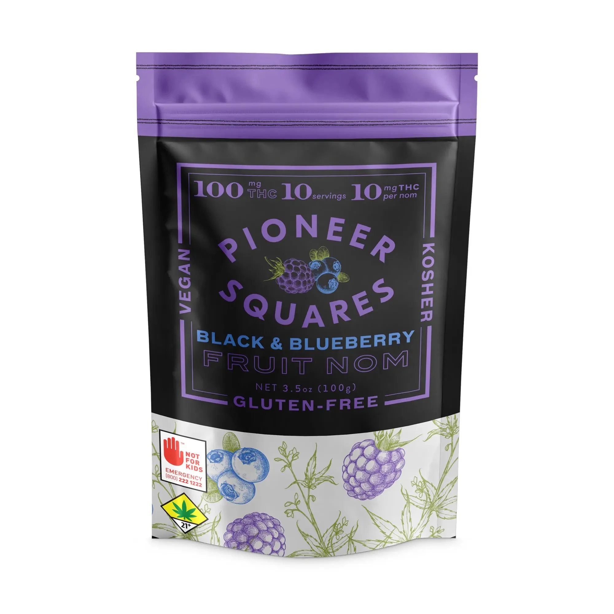 100mg - 10pk - Black & Blueberry - Pioneer Squares - Edible - Fruit Nom - Gummy - Vegan - Kosher - Gluten Free - H - DOH Compliant