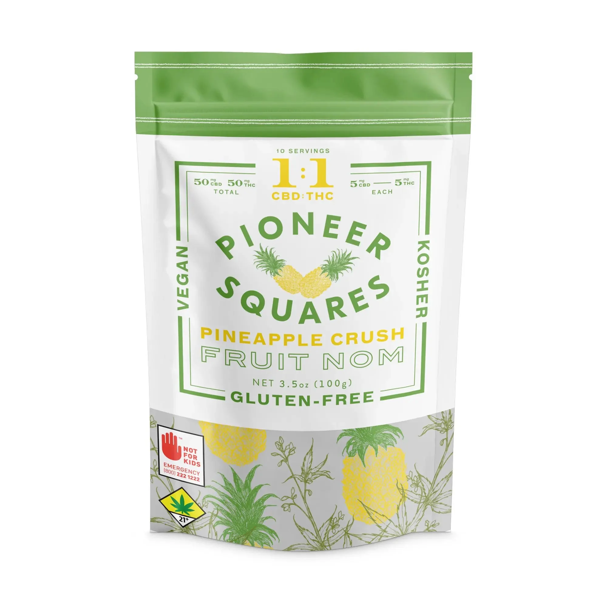 100mg - 1:1 - 10pk - Pineapple Crush - Pioneer Squares -DOH Edible - THC:CBD - H