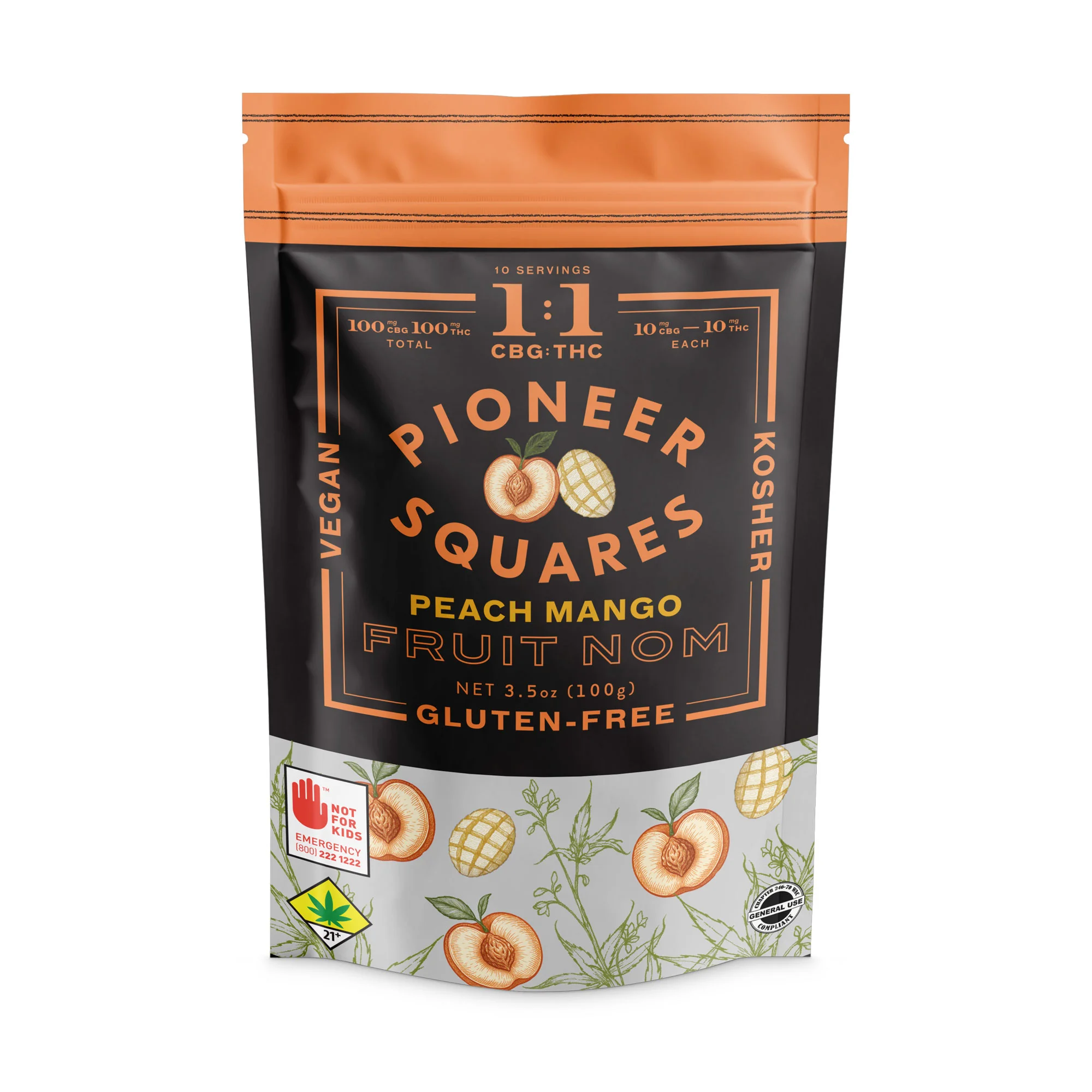 200mg - 1:1 CBG Peach Mango - Pioneer Squares - DOH Edible - Fruit Nom - Vegan - Kosher - Gluten Free - H