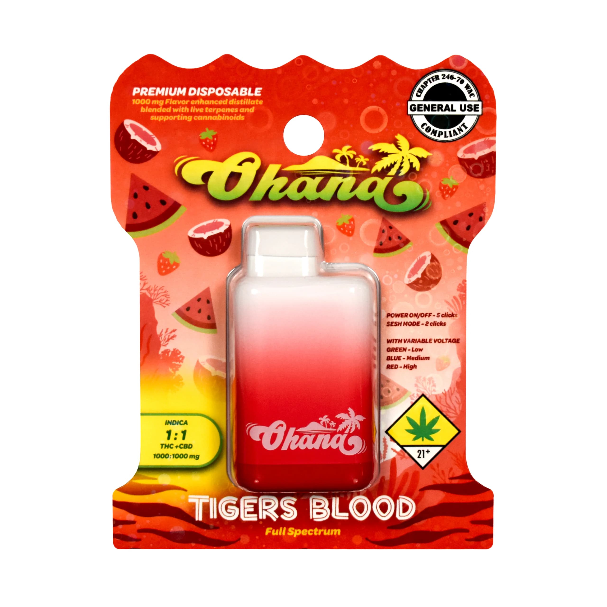 1g - Tigers Blood 1:11 - Ohana - DOH Cartridge - Disposable - THC:CBD:CBG - S