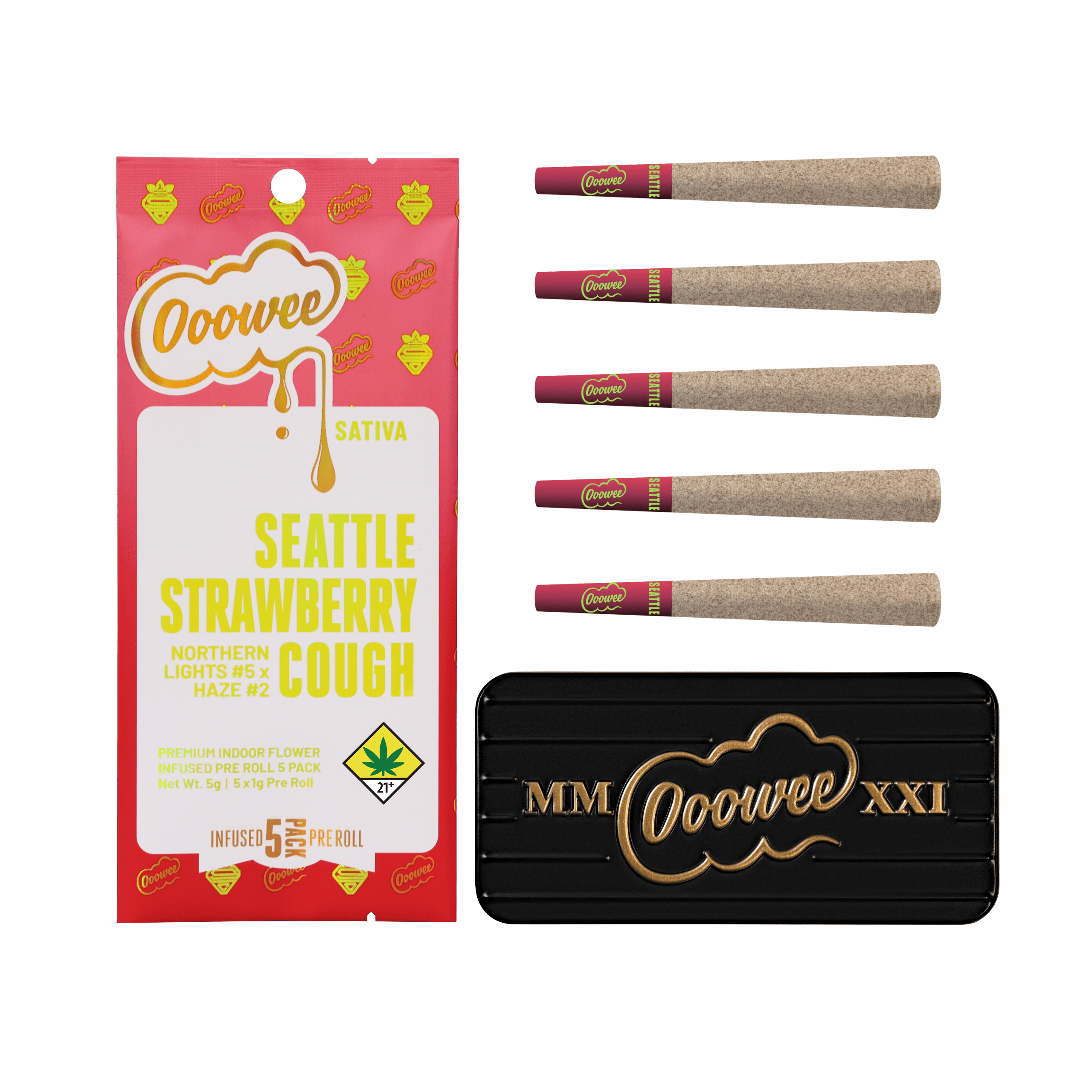 5pk - 1g - Seattle Strawberry Cough *Double Infused* - Ooowee - DOH Infused Preroll - S