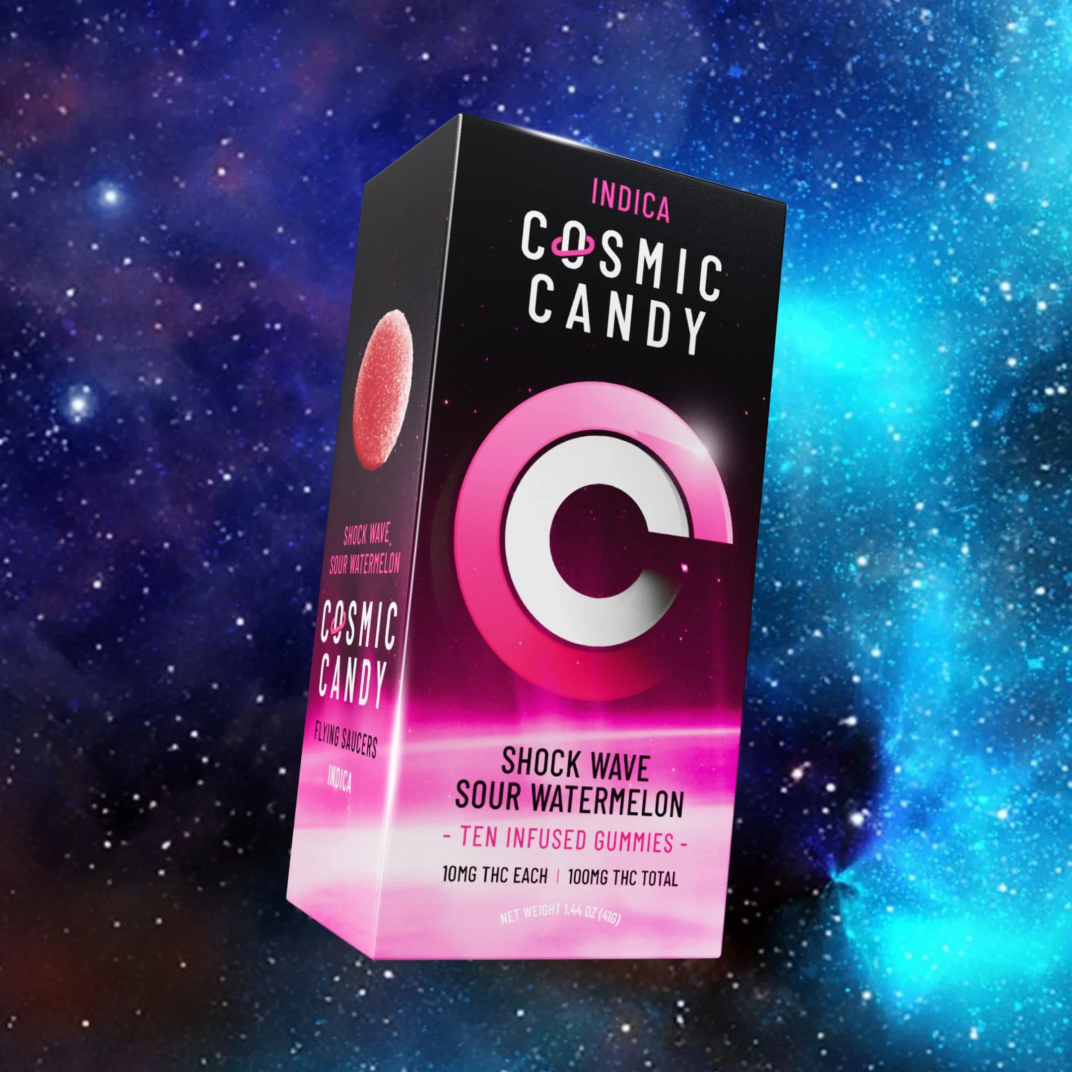 100mg - 10pk - Shock Wave Sour Watermelon Indica - Cosmic Candy - DOH Edible - I