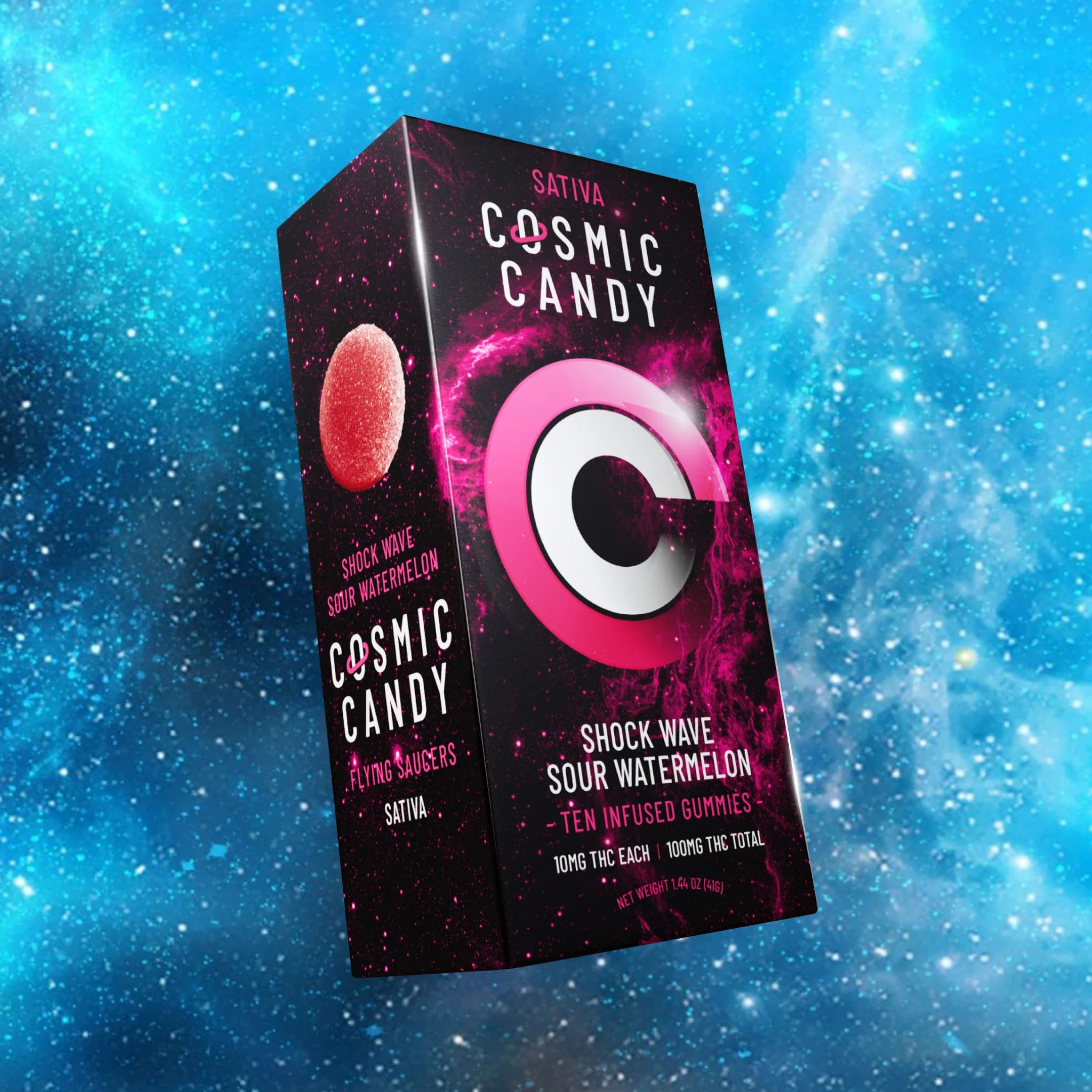 100mg - 10pk - Shock Wave Sour Watermelon Sativa - Cosmic Candy - DOH Edible - S