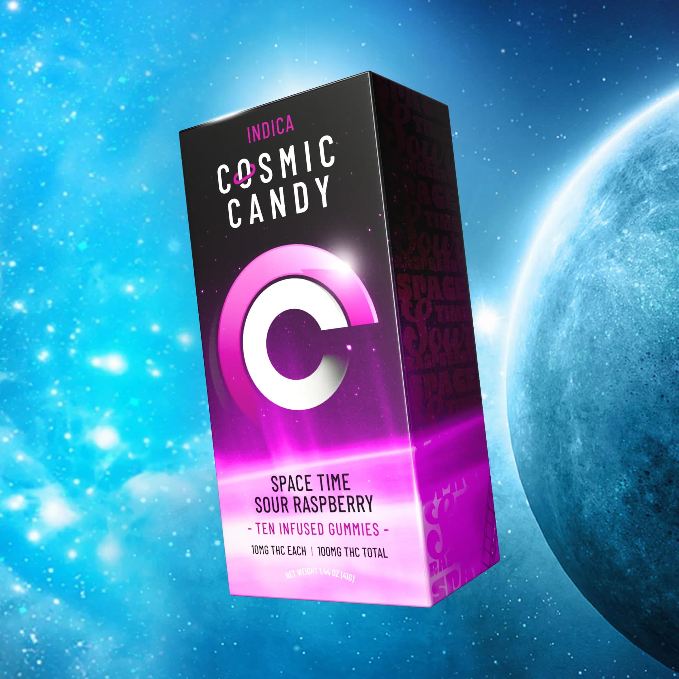 100mg - 10pk - Space Time Sour Raspberry Indica - Cosmic Candy - DOH Edible - I