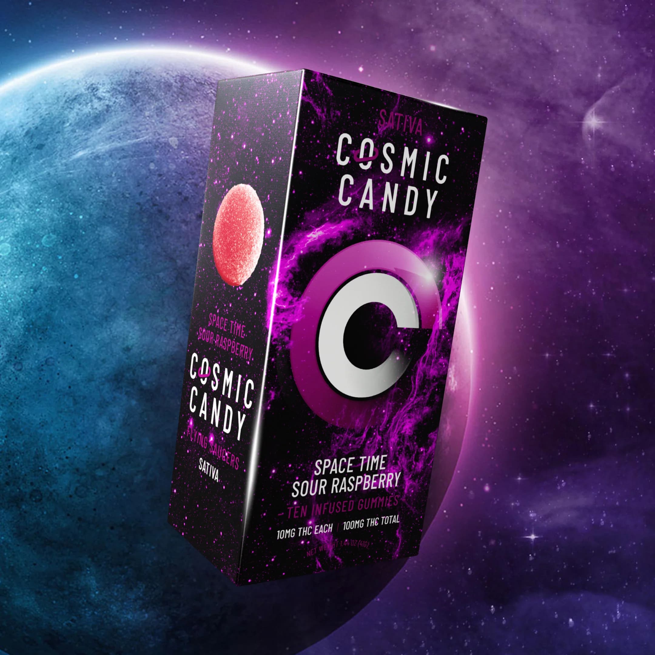 100mg - 10pk - Space Time Sour Raspberry Sativa - Cosmic Candy - DOH Edible - S