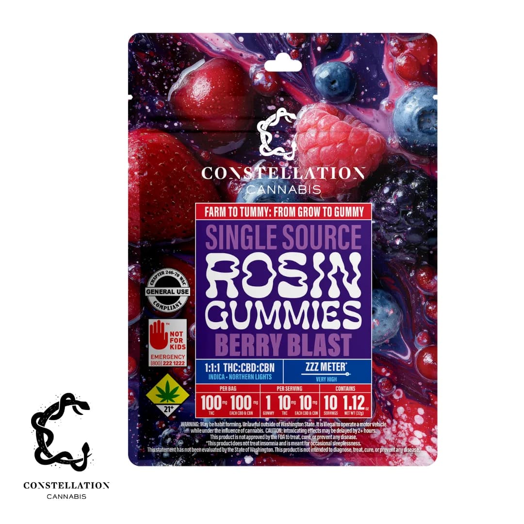 300mg - 1:1:1 - CBD:CBN:THC - Berry Blast - Constellation Cannabis - DOH Edible - Rosin Gummies - H