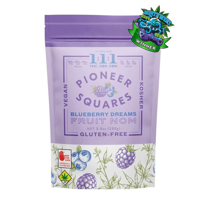 150mg - 1:1:1 - 10pk - Blueberry Dreams - Pioneer Squares - Edible - Fruit Nom - Gummy - Vegan - Kosher - Gluten Free - H - DOH Compliant - THC:CBD:CBN