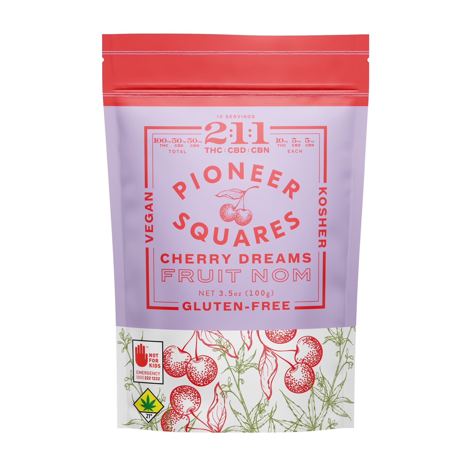 10mg - 2:1:1 - Cherry Dreams - Pioneer Squares - DOH  Edible - Fruit Nom - Vegan - Kosher - Gluten Free - THC:CBD:CBN