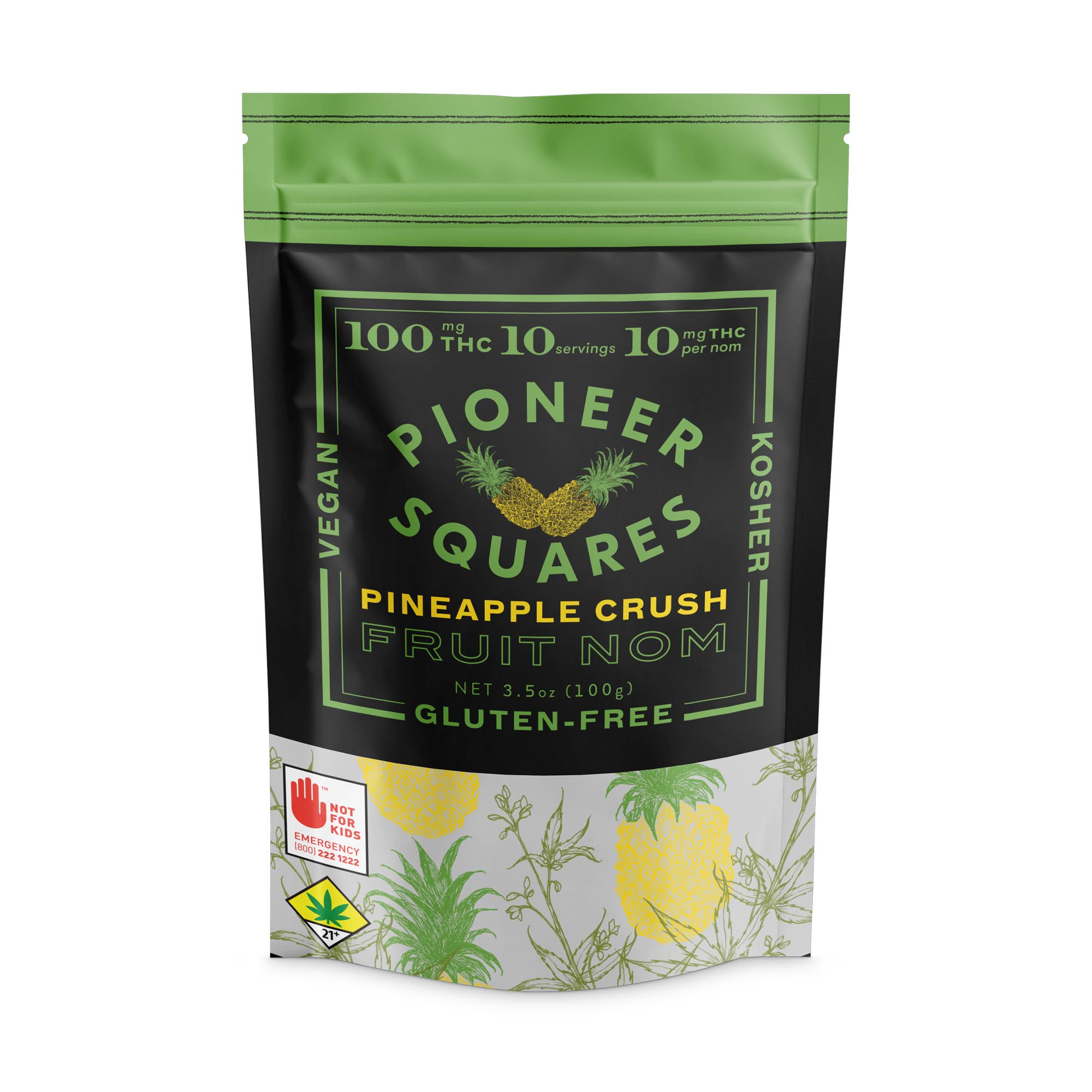 100mg - 10pk - Pineapple Crush - Pioneer Squares - Edible - Fruit Nom - Gummy - Vegan - Kosher - Gluten Free - H - DOH Compliant