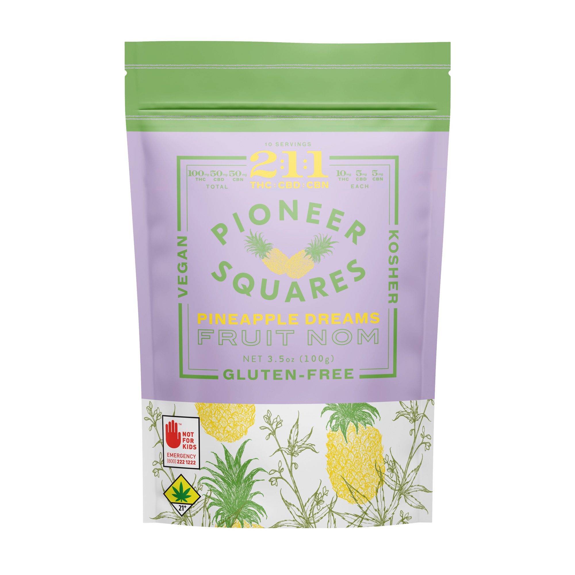 10mg - 2:1:1 - Pineapple Dreamse - Pioneer Squares - DOH Edible - Fruit Nom - Vegan - Kosher - Gluten Free - THC:CBD:CBN